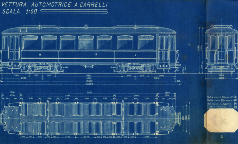 Vettura automotrice a carrelli. Progetto di tramvia elettrica Milano-Paullo-Pandino-Crema - 1924. Archivio Storico Provincia di Milano